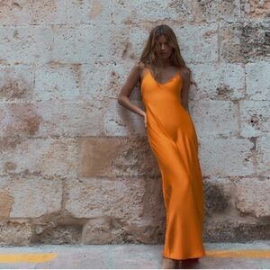 Zara NWT orange satin effect slip dress midi 3717/341
